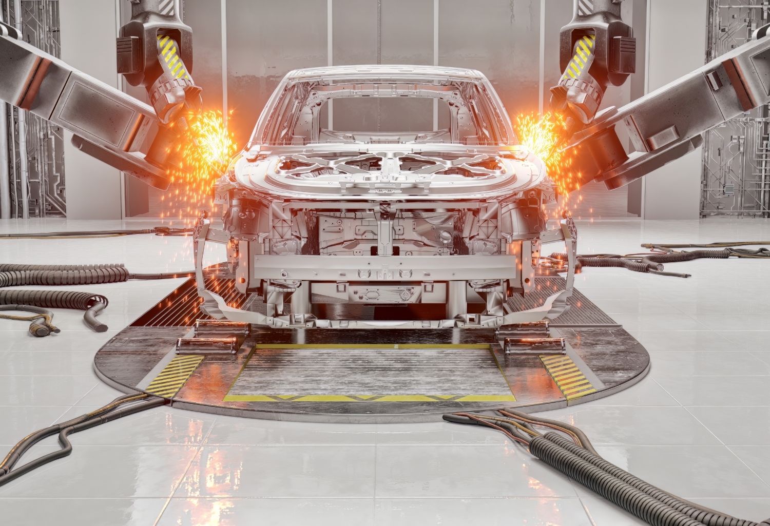 A warehouse view of four large robot arms working on manufacturing a car. Representing Challenges in the Electrical Manufacturing Sector.